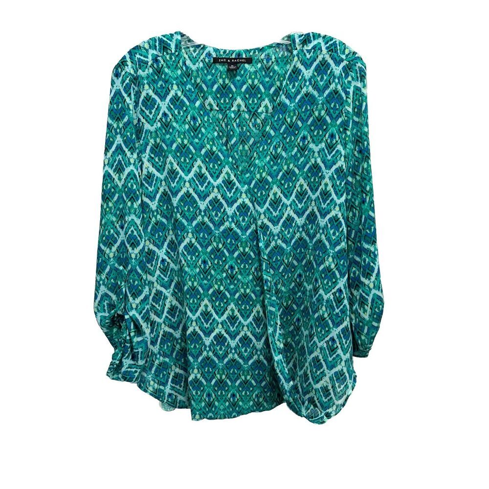 Zac & Rachel Green/Blue Geo Print Chiffon Long Tab Sleeve Blouse Size XL‎ Wrap